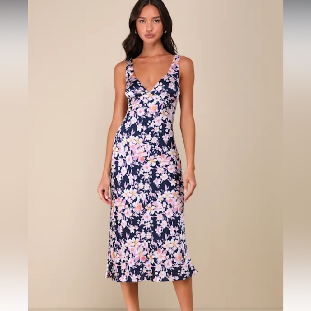 NWT Lulu's Admirable  Charmer Navy Blue Floral Satin Tie-Back Midi Dress